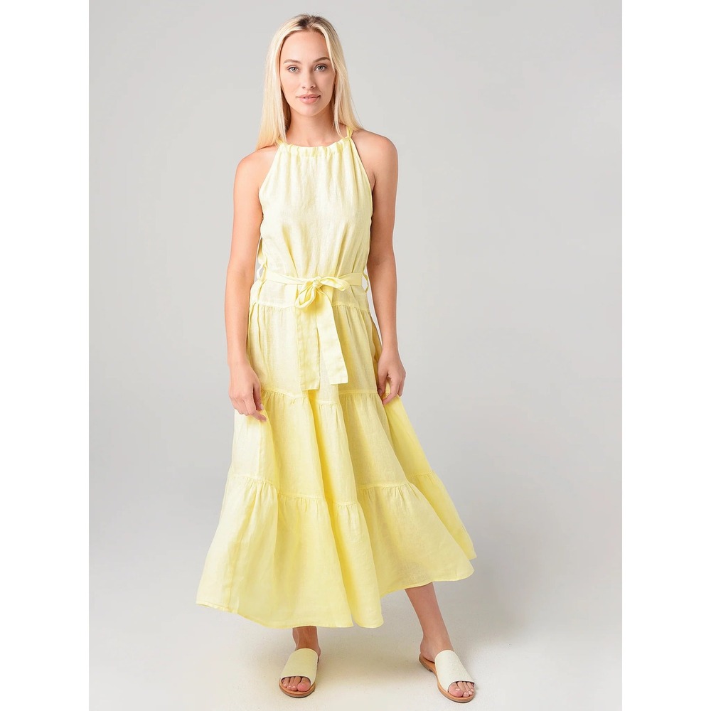Bella Dahl‎ Anthro Linen Halter Maxi Dress Yellow Tiered XS European Summer